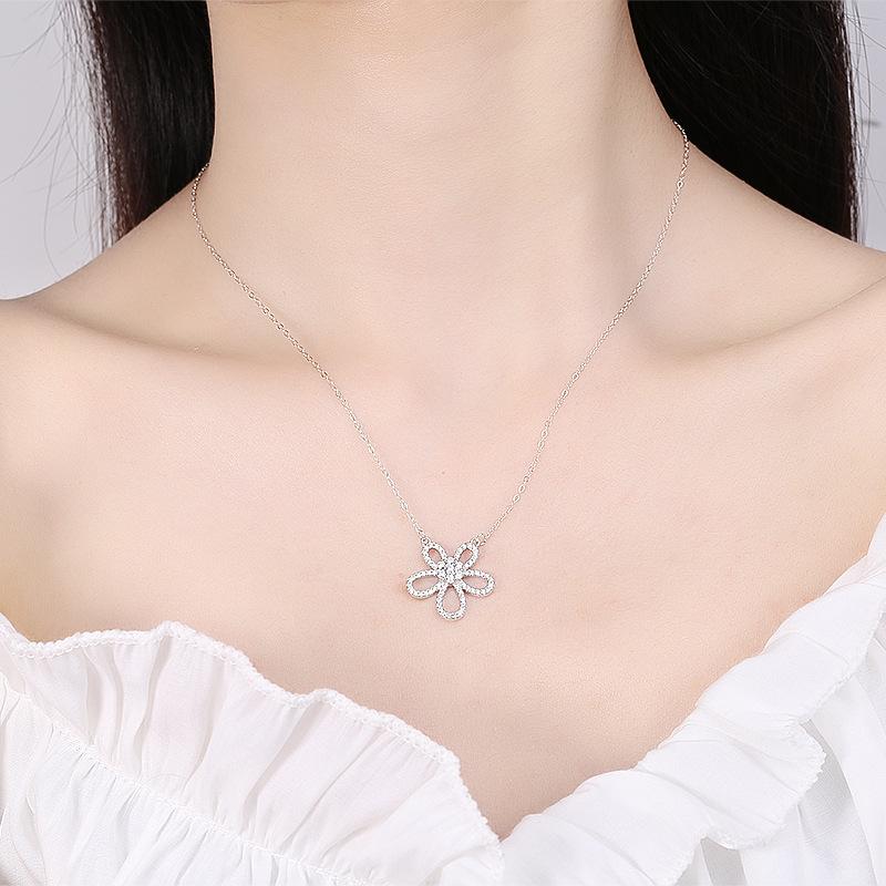 Love Gift 925 Sterling Silver Five Petal Flower Necklace PearlsCharming